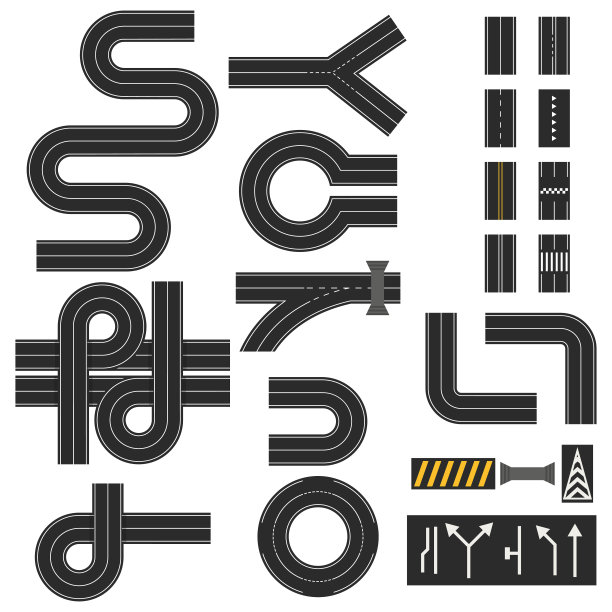 道路，街道，高速公路，人行道和人行横道俯视图。映射的构造函数元素。矢量平面图标设置孤立的白色背景。图片下载