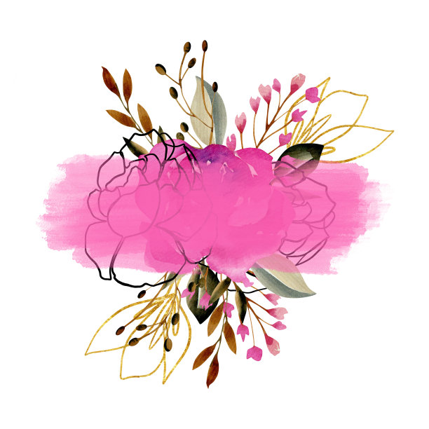 文字插花，用水彩粉色和金色植物装饰，可用于商务或婚礼贺卡图片下载