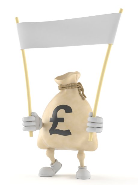 英镑钱袋字符拿着空白横幅图片下载