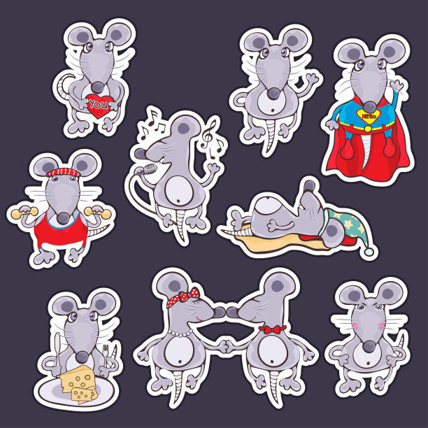 一套贴纸有趣的老鼠在不同的情绪和行动，图标，矢量插图，卡通轮廓手绘，彩色平面设计。甜蜜可爱的紫色画老鼠孤立在黑暗的背景图片下载