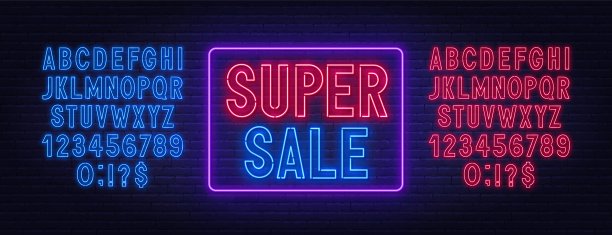 暗色背景下的超级大减价霓虹灯。模板的设计。图片下载