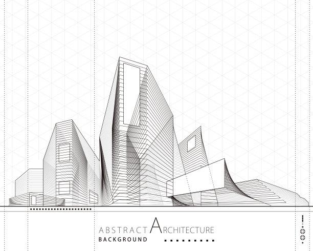 三维插图抽象建筑建筑线画。图片下载