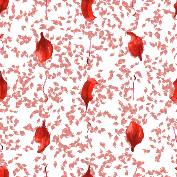 无缝图案桔红黄百合花瓣雄蕊花-水彩插图图片下载