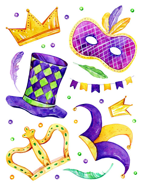 一套狂欢节传统物品。面具与羽毛，王冠，帽子和装饰孤立在白色的背景图片下载