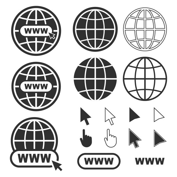 具有光标的互联网图标形状网站，国际地球标志符号集合矢量图，白色背景图片下载