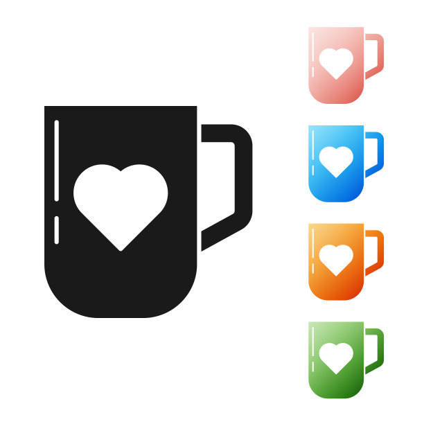 黑咖啡杯和心图标孤立在白色背景。情人节的情侣咖啡。设置图标丰富多彩。矢量图图片下载