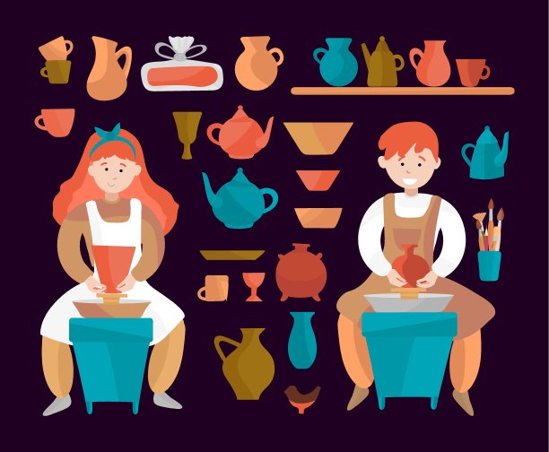 孩子们用陶轮做花瓶。陶轮和陶瓷。一篇文章的插图，明信片，传单，海报。一个男孩和一个女孩制作一个手工陶罐。图片下载