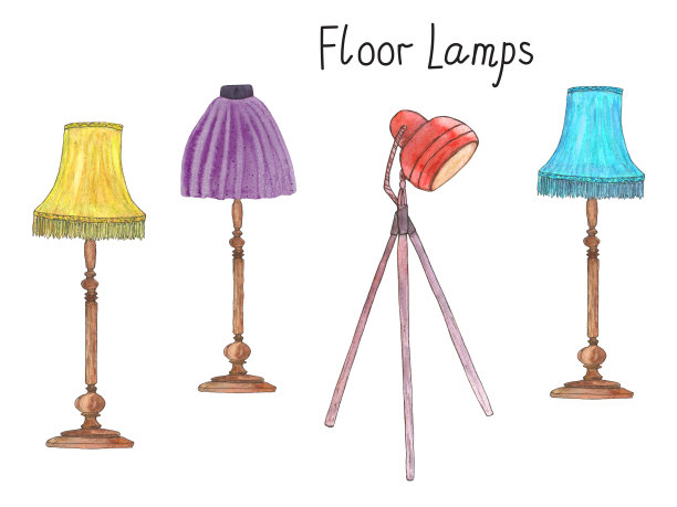 落地灯的收藏。水彩素描插图黄色，蓝色，红色和绿色灯罩与流苏，三脚架灯图片下载