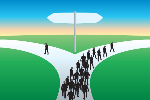 面对两个相反的方向，一个人会从自己的群体中分离出来，选择一条不同的道路。图片下载