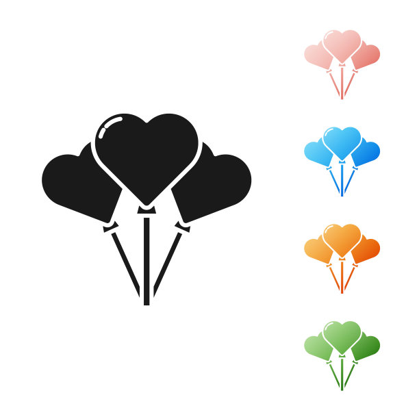 黑色气球心形与丝带图标孤立在白色背景上。设置图标丰富多彩。矢量图图片下载