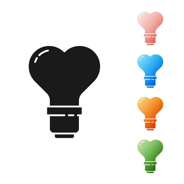 黑心形状灯泡图标孤立在白色背景。爱的象征。情人节的象征。设置图标丰富多彩。矢量图图片下载