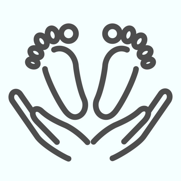 婴儿的脚在手上线图标。妈妈抱着孩子的脚矢量插图孤立在白色。婴儿护理大纲风格设计，专为网页和应用。Eps 10。图片下载