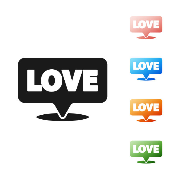 黑色语音气泡与文字爱图标孤立在白色背景。情人节。设置图标丰富多彩。矢量图图片下载
