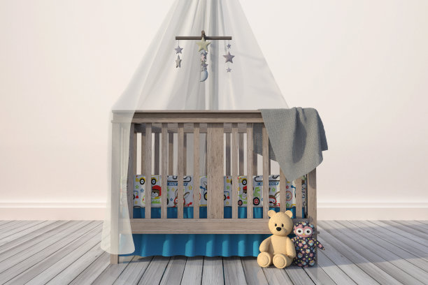 男孩托儿所的婴儿床和玩具，3d渲染。图片下载