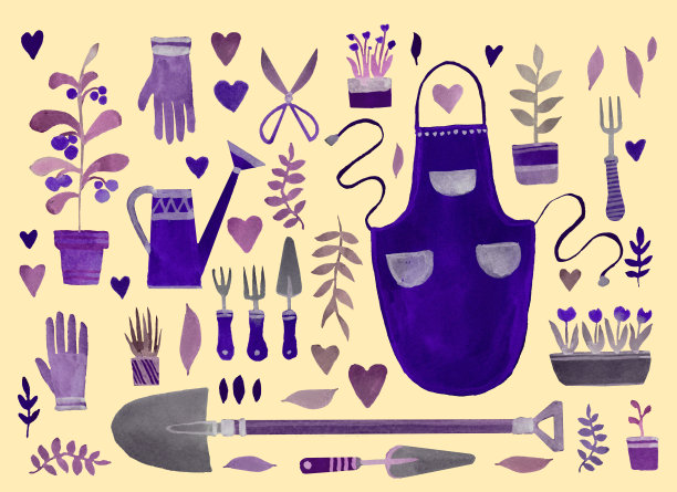 一套园艺元素。手工制作的水彩插图。图片下载