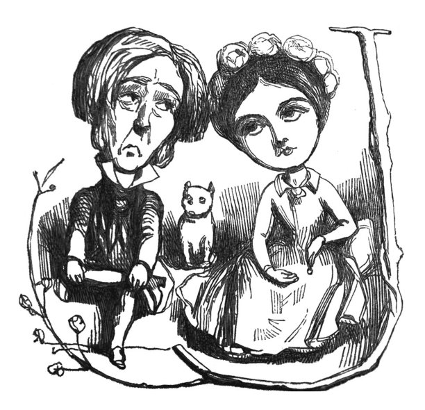 英国讽刺漫画漫画插图-一对非常大的头的夫妇坐着，一只猫在他们之间图片下载