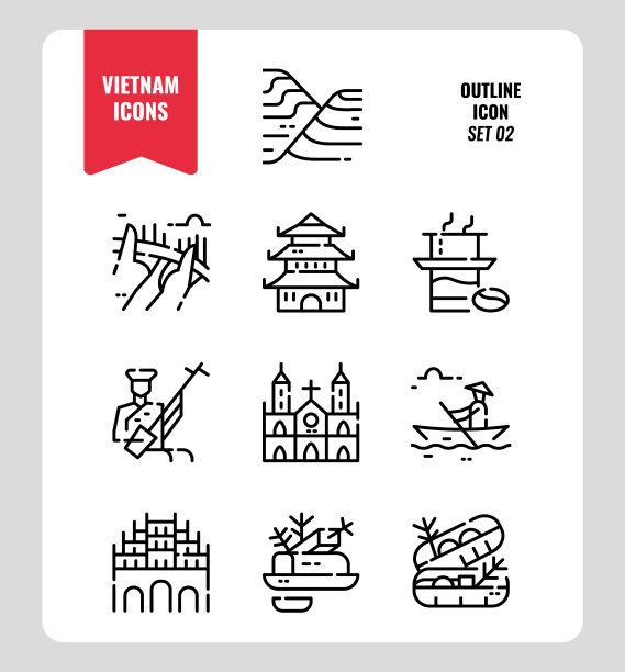 越南线图标设置2。包括地标、人、食物、文化等等。轮廓图标设计。向量图片下载