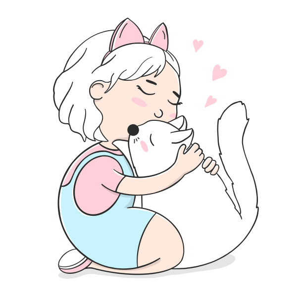 一个打着蝴蝶结的漂亮小女孩拥抱了一只白猫。图片下载