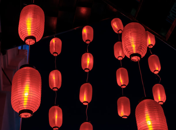 中国灯笼在晚上亮着红灯图片下载