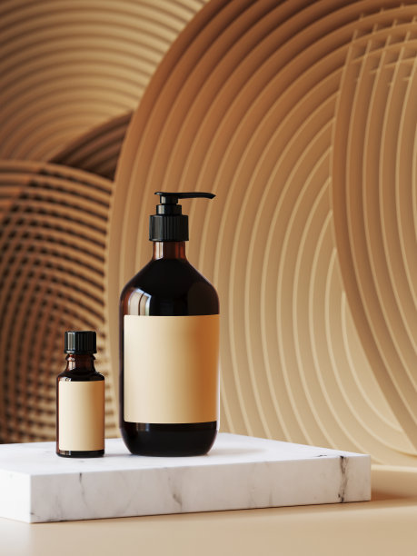 化妆品背景产品介绍。化妆瓶上白色大理石讲台上奶油色圆形几何图案。3 d渲染。图片下载