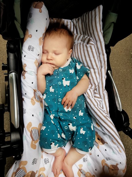 可爱的婴儿在深绿色的连身裤睡在外面图片下载