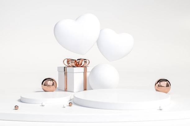 礼盒与玫瑰金蝴蝶结丝带，白色心，装饰品与领奖台展示站在白色背景3d渲染。3d插图情人节贺卡模板最小的概念。图片下载
