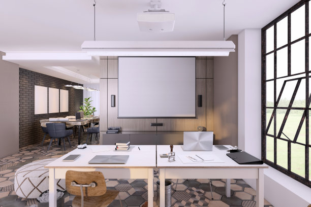 现代办公室内配有大办公桌图片下载