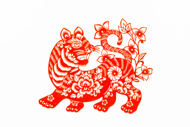 中国传统剪纸，十二生肖。中国新年，虎年。中国传统的动物月湖剪纸艺术图案。老虎剪纸，过年。图片下载