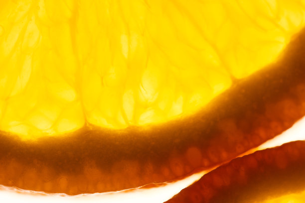 在强光下微距拍摄橙子片，柑橘的概念图片下载