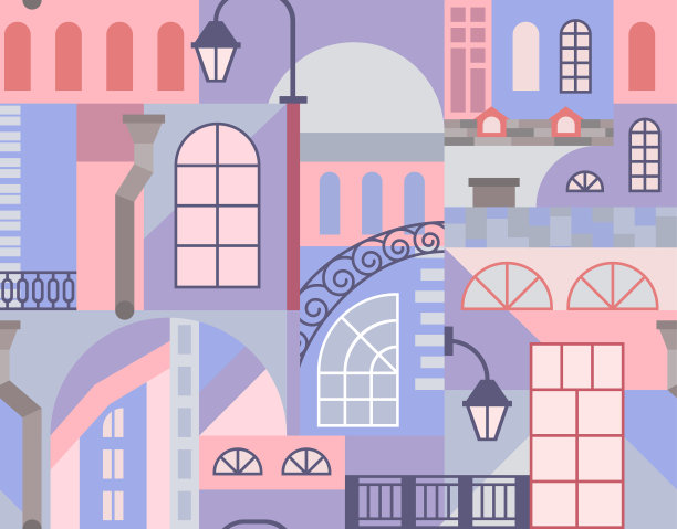 欧洲古老的小镇。几何艺术马赛克与建筑元素。无缝模式。图片下载