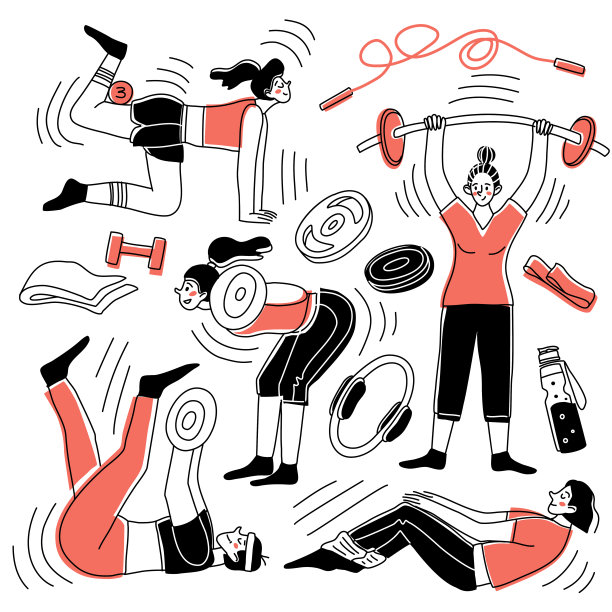 一组女孩在健身房练习的人物。健身概念。收集手绘。矢量插图在素描涂鸦风格。图片下载