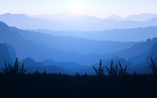 自然森林树木山地平线丘陵树木和山丘在傍晚日出和日落的剪影风景壁纸插图矢量风格彩色的视图背景图片下载
