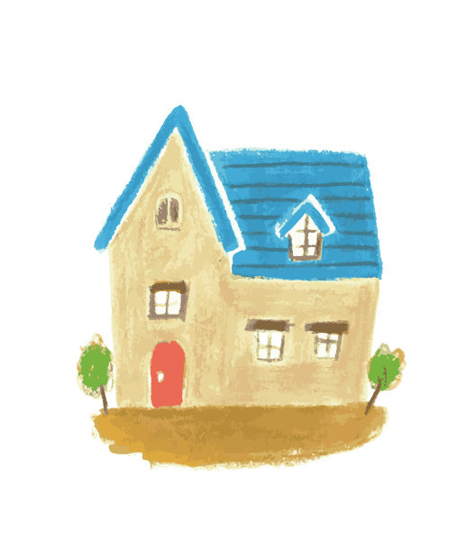 可爱的蓝色屋顶房子用彩色粉笔画图片下载