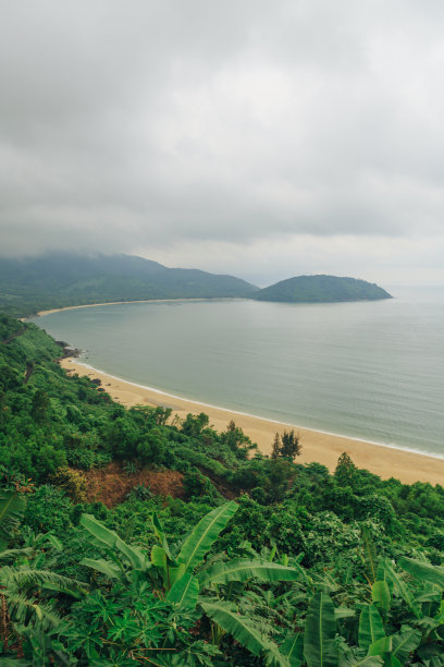 越南岘港海凡山口顺化的琅哥海滩全景。火车在海边的铁路上行驶，绿色的森林，美丽的自然景观，海浪图片下载