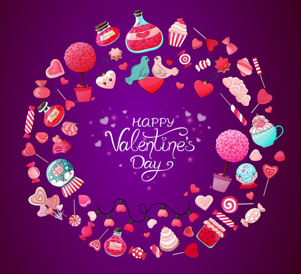 情人节集合。爱的图标集。糖果，饼干，纸杯蛋糕，药水，心，爱树，鸟的问候元素。浪漫可爱的剪贴簿图片。爱瓶子,药水。情人节的爱情象征。图片下载