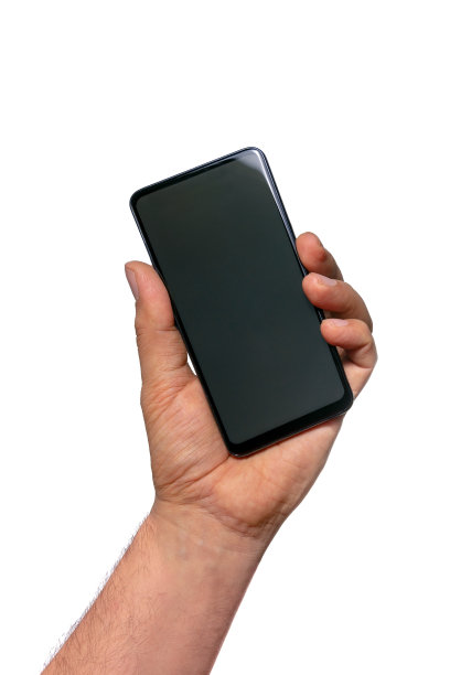 男子手持智能手机模型孤立在白色背景。成角的位置。现代无框架设计。图片下载