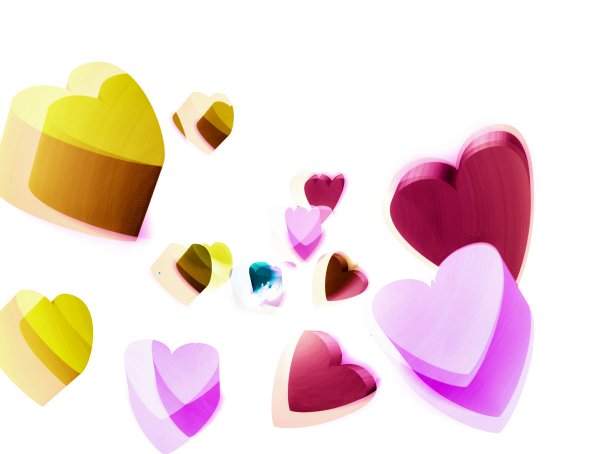 迷人生动的3d心聚集在白色的背景布局。骰子或相似形状的立方体。糖果的颜色有黄色、粉色、紫色。献给你的爱情概念，情人节，婚礼，甜蜜的一天，纪念日。图片下载