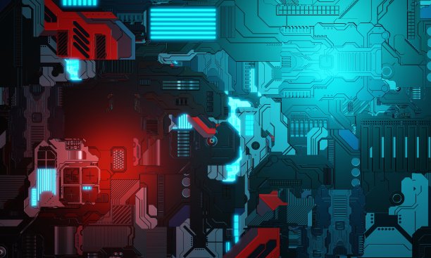 俯视图抽象的高科技电子PCB(印刷电路板)背景在蓝色和红色。3 d的插图背景。图片下载