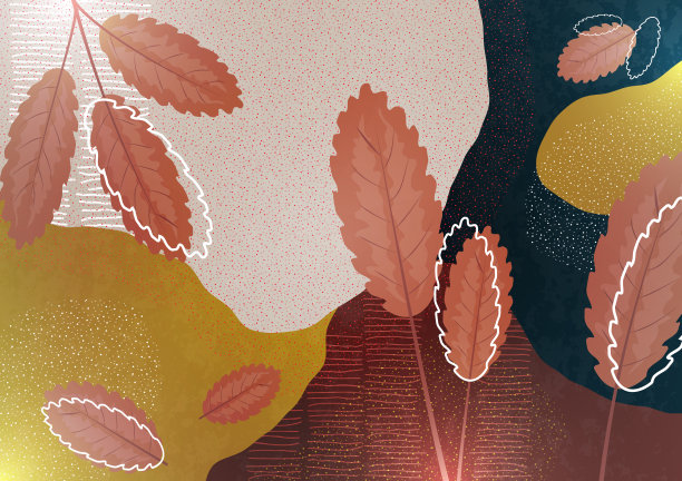 明亮的颜色背景。波浪的形状，抽象的叶子，粒子的纹理和绘制的线条。设计模板横幅，传单或海报。图片下载