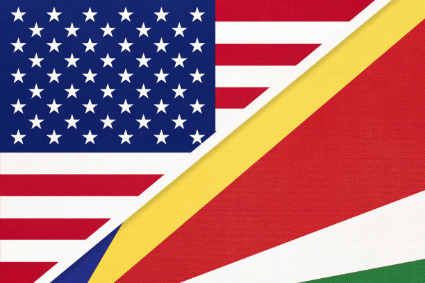 美国vs塞舌尔的纺织品国旗。两个美国和非洲国家之间的关系。图片下载