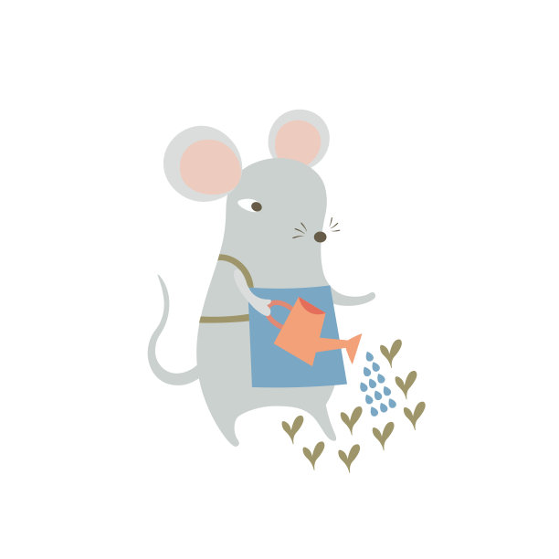 可爱的老鼠在花园里给发芽的植物浇水。卡通搞笑老鼠喜欢园艺。2020年中国生肖的人性化象征。图片下载