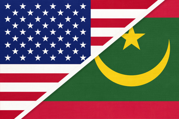 美国vs毛里塔尼亚的纺织品国旗。两个美国和非洲国家之间的关系。图片下载