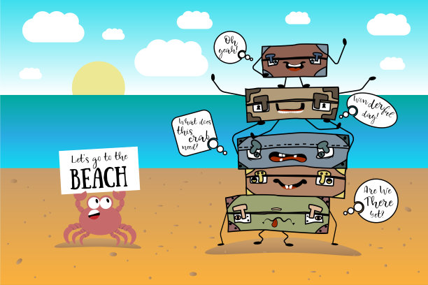 一堆老式的卡通手提箱在海边，旁边是螃蟹。文字云。旅行时间图片下载