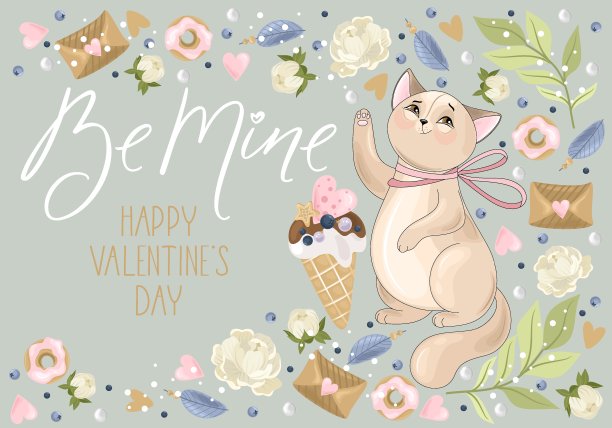 情人节贺卡：浪漫的猫与节日元素矢量插画图片下载