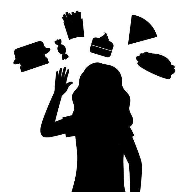 快餐的概念。女人被甜蜜和脂肪营养包围着，快餐和甜食包围着她。医疗和生活方式。平的风格。矢量图图片下载