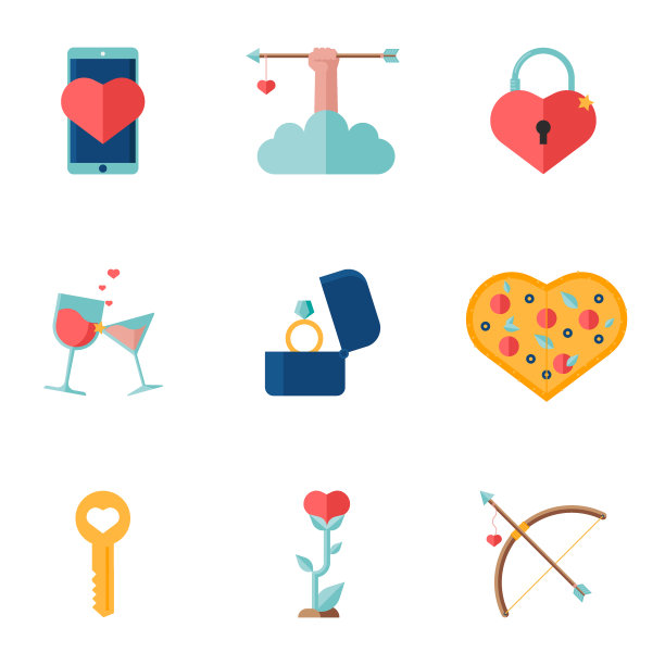 爱的象征与丘比特的箭，手，弓，戒指和眼镜。爱披萨图标。象征真爱和浪漫约会的情人节元素。平面设计中的矢量插图图片下载