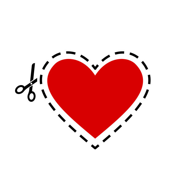 心形矢量图标，爱情符号用剪刀虚线。矢量剪子切割图标孤立。情人的爱情背景是红色的。剪刀切向量。爱的概念。图片下载