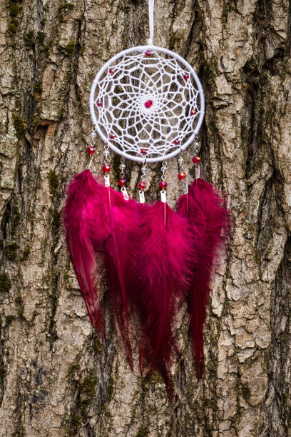 手工捕梦网，用羽毛、线和珠子绳挂图片下载