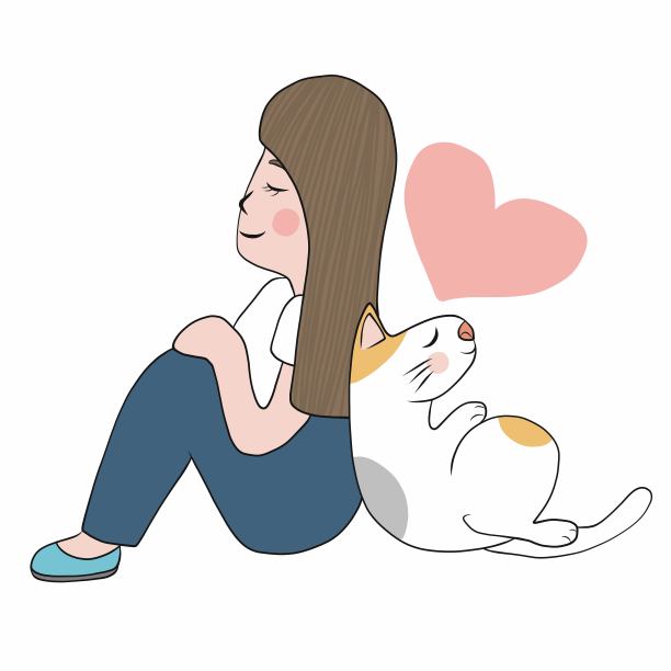 猫和女人坐在他们的背上，卡通矢量插图图片下载