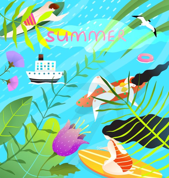 人们躺在冲浪板上享受着热带的放松天堂。热带自然和绿松石水艺术设计。图片下载